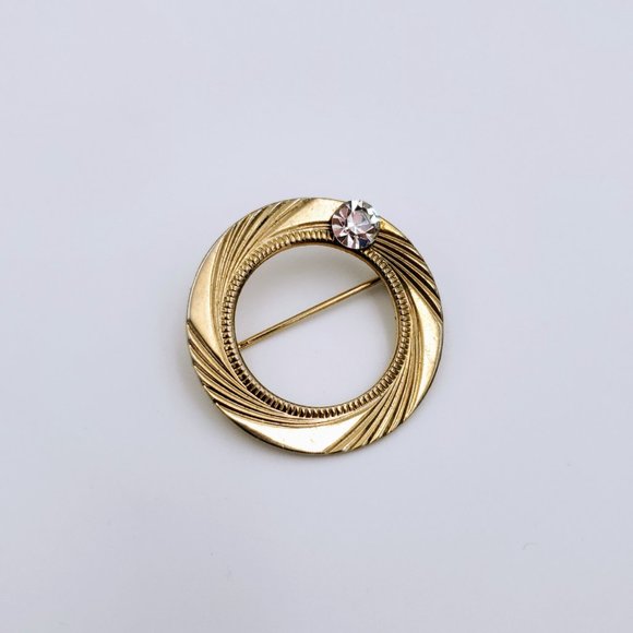 Vtg Minimalist Gold Tone Brooch with Rhinestone O Shape Penannular Circle Pin - Picture 5 of 7